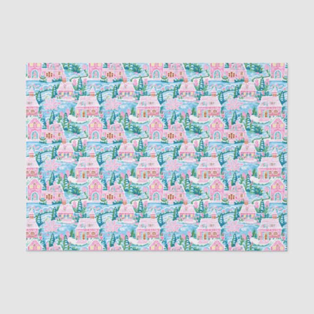 Pink and Blue Christmas Gingerbread Village Tissue Paper (Front)