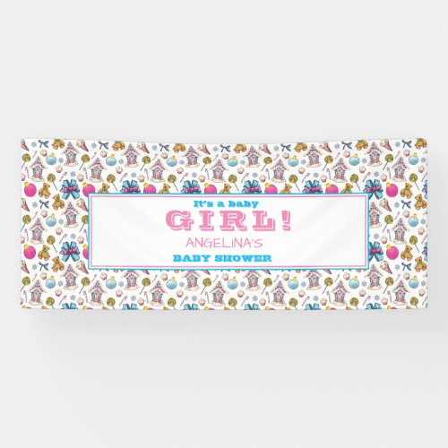 Pink And Blue Christmas Pattern Girl Baby Shower Banner