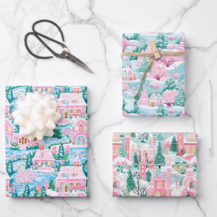 Pink and Blue Christmas Village Wrapping Paper Sheets
