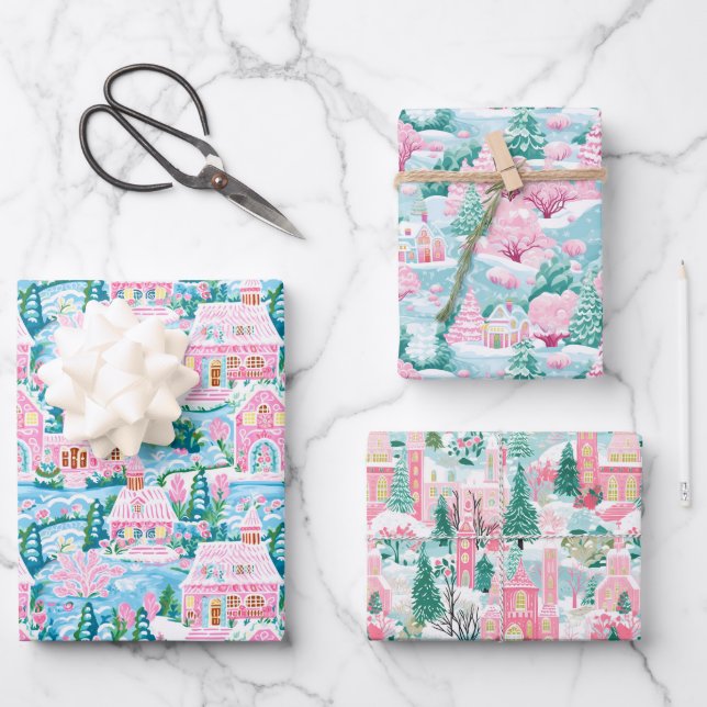 Pink and Blue Christmas Village Wrapping Paper Sheets (Front)