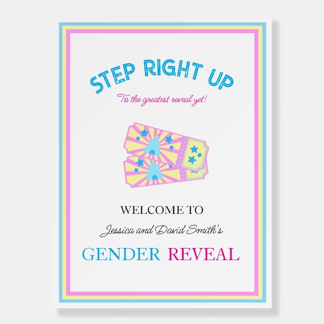 Pink and Blue Circus Tickets Gender Reveal Sign (Front)