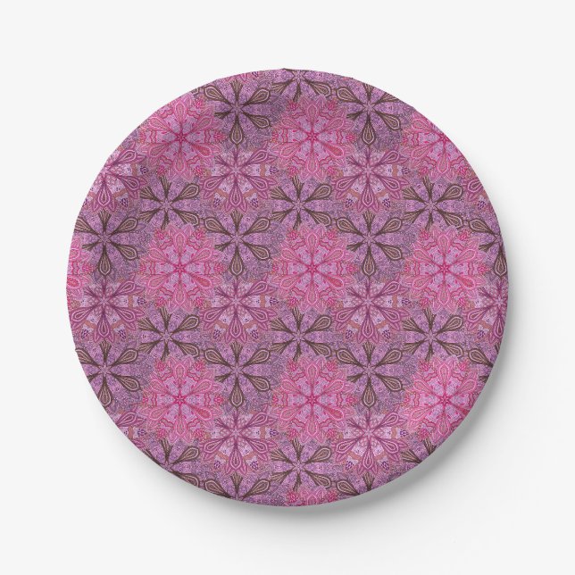 Pink and blue colorful mandala pattern paper plates (Front)