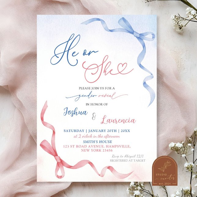 Pink and Blue Coquette Bow Gender Reveal Invitation (Creator Uploaded)