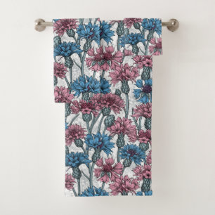 Pink and blue cornflowers, wild flowers on white bath towel set