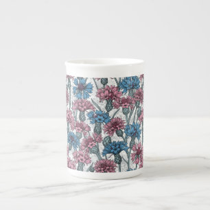 Pink and blue cornflowers, wild flowers on white bone china mug