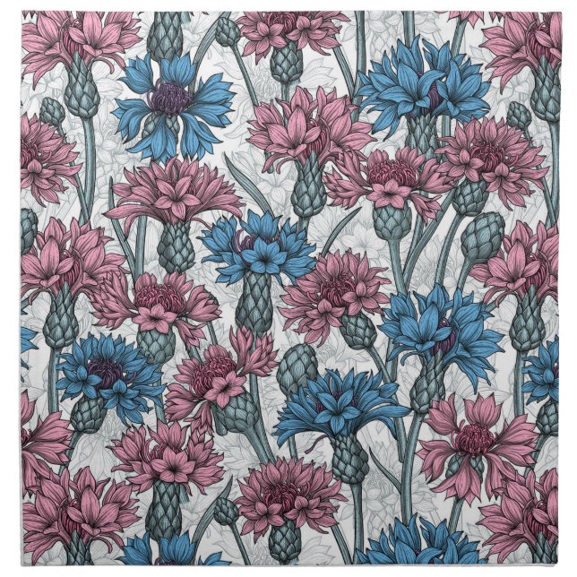Pink and blue cornflowers, wild flowers on white cloth napkin (Front)