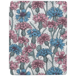 Pink and blue cornflowers, wild flowers on white iPad smart cover