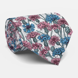 Pink and blue cornflowers, wild flowers on white neck tie