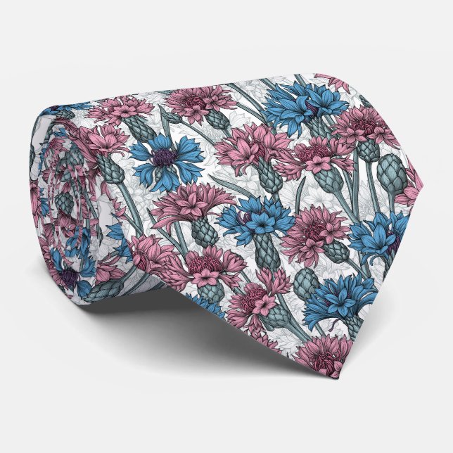 Pink and blue cornflowers, wild flowers on white neck tie (Rolled)