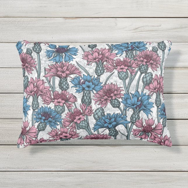 Pink and blue cornflowers, wild flowers on white outdoor pillow (Front)
