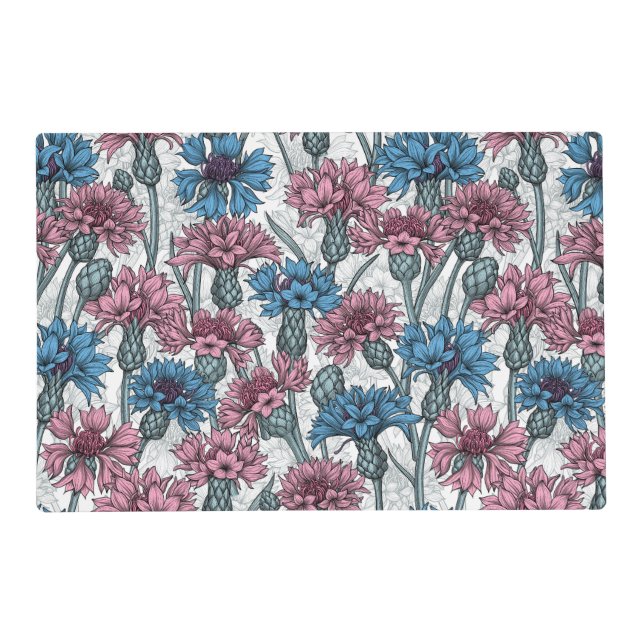 Pink and blue cornflowers, wild flowers on white placemat (Front)