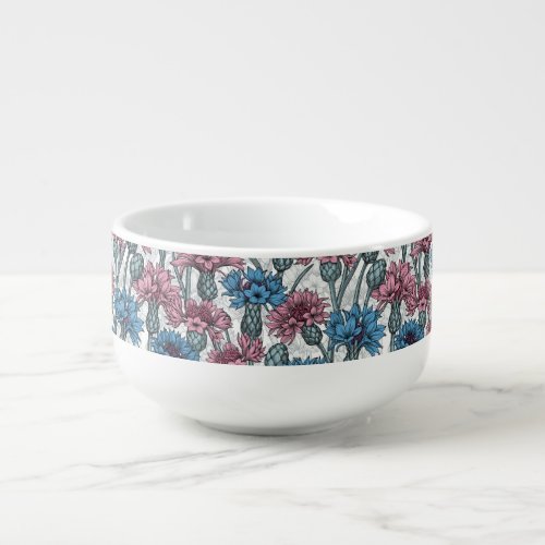 Pink and blue cornflowers wild flowers on white soup mug