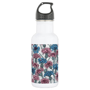 Pink and blue cornflowers, wild flowers on white stainless steel water bottle