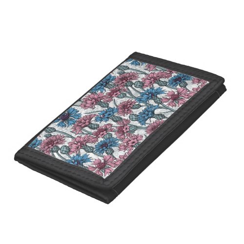 Pink and blue cornflowers wild flowers on white trifold wallet