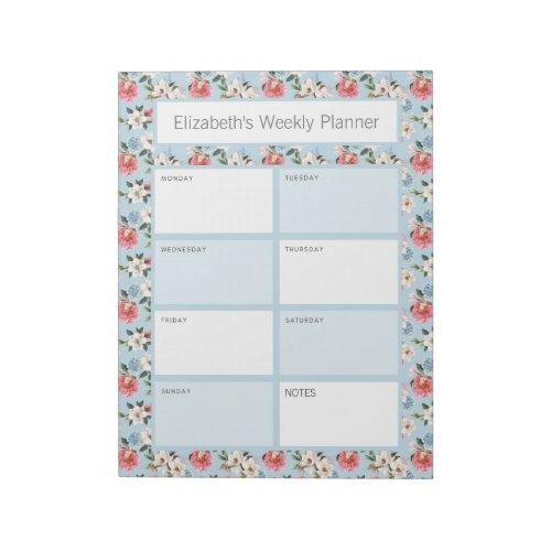 Pink and Blue Cottage Garden Personalized Planner Notepad
