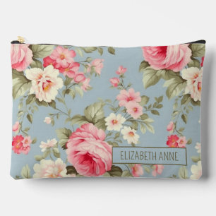 Pink and Blue Cottage Roses Flowers Personalized Accessory Pouch