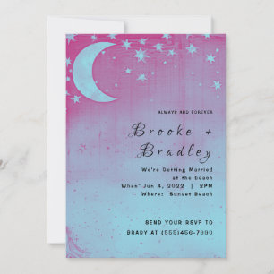 Pink and Blue Crescent Moon Celestial Wedding Invitation