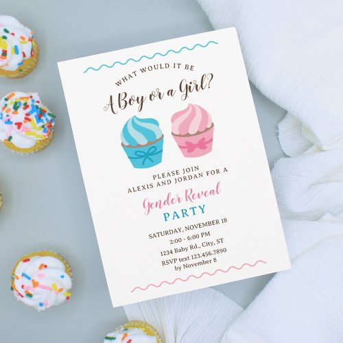 Pink and Blue Cupcakes Baby Gender Reveal Invitation