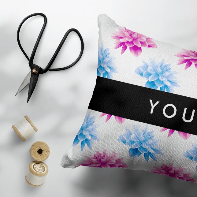 Pink and Blue Dahlia, Floral Pattern, Your Name Accent Pillow (Creator Uploaded)