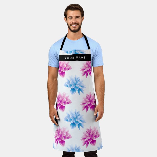 Pink and Blue Dahlia, Floral Pattern, Your Name Apron (Worn)
