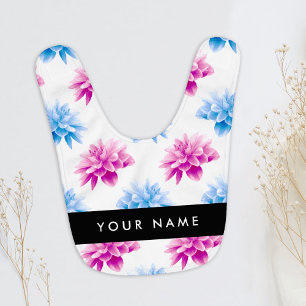 Pink and Blue Dahlia, Floral Pattern, Your Name Baby Bib