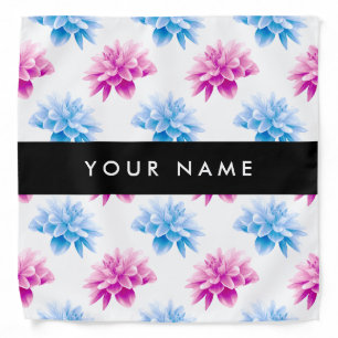Pink and Blue Dahlia, Floral Pattern, Your Name Bandana