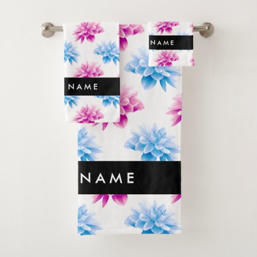 Pink and Blue Dahlia Floral Pattern Your Name Bath Towel Set