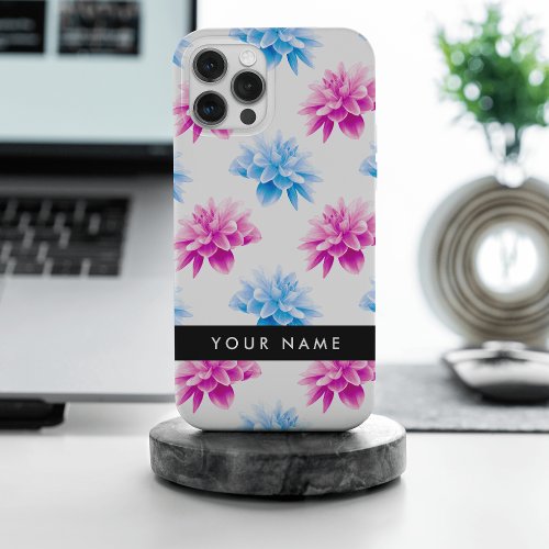 Pink and Blue Dahlia Floral Pattern Your Name iPhone 15 Pro Max Case