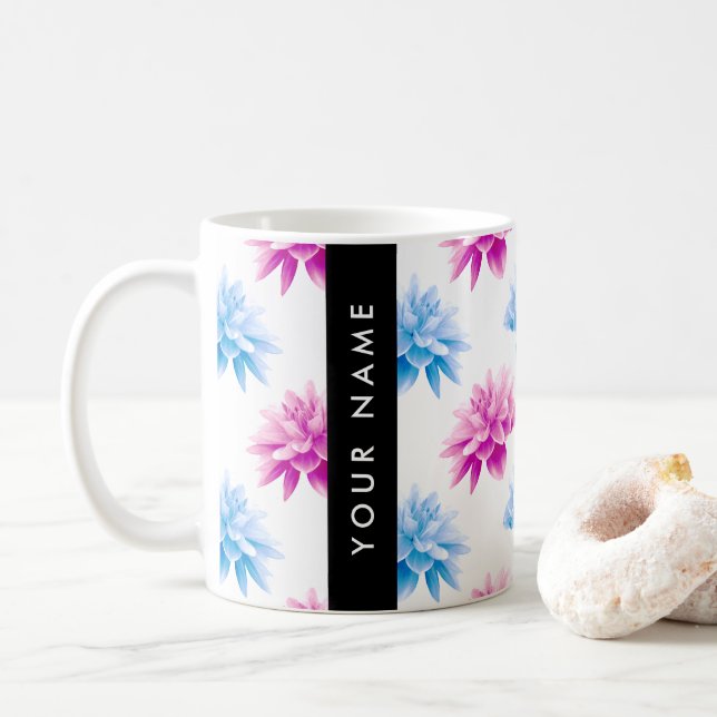 Pink and Blue Dahlia, Floral Pattern, Your Name Coffee Mug (With Donut)