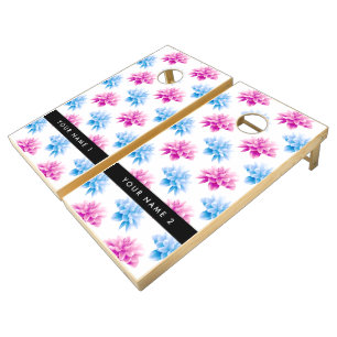Pink and Blue Dahlia, Floral Pattern, Your Name Cornhole Set