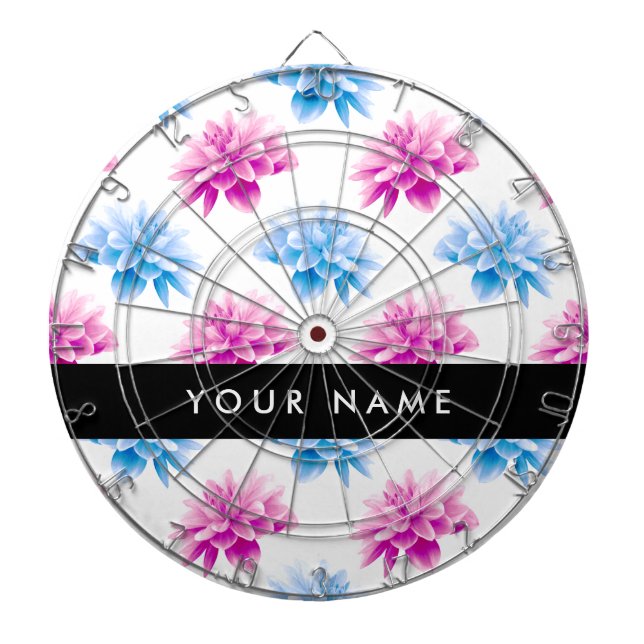 Pink and Blue Dahlia, Floral Pattern, Your Name Dart Board (Front)