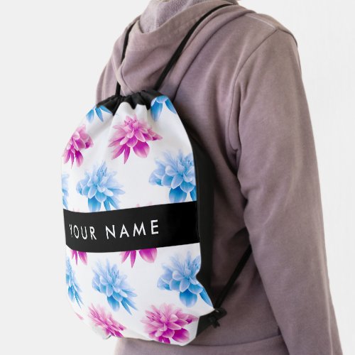 Pink and Blue Dahlia Floral Pattern Your Name Drawstring Bag