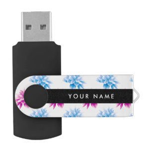 Pink and Blue Dahlia, Floral Pattern, Your Name Flash Drive