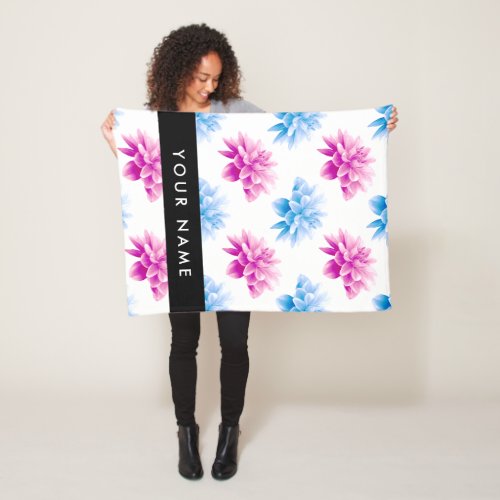 Pink and Blue Dahlia Floral Pattern Your Name Fleece Blanket