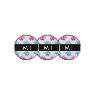 Pink and Blue Dahlia, Floral Pattern, Your Name Golf Ball Marker
