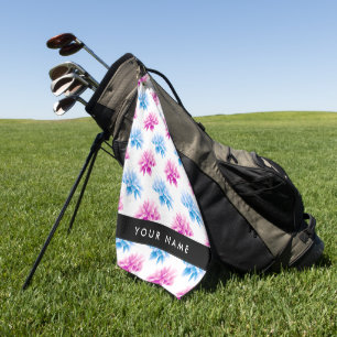 Pink and Blue Dahlia, Floral Pattern, Your Name Golf Towel