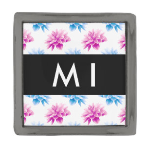 Pink and Blue Dahlia, Floral Pattern, Your Name Gunmetal Finish Lapel Pin