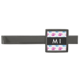 Pink and Blue Dahlia, Floral Pattern, Your Name Gunmetal Finish Tie Bar