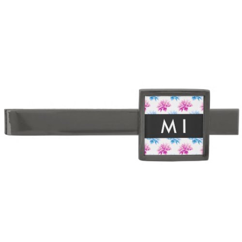 Pink and Blue Dahlia Floral Pattern Your Name Gunmetal Finish Tie Bar