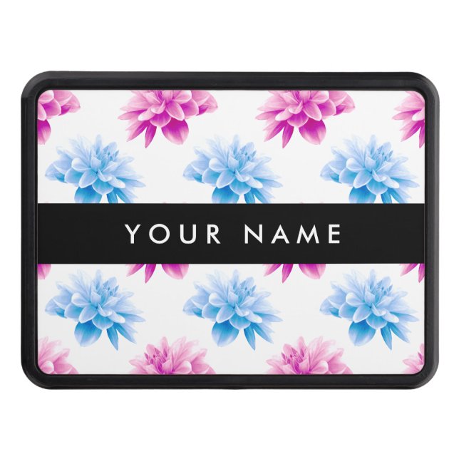 Pink and Blue Dahlia, Floral Pattern, Your Name Hitch Cover (Front)