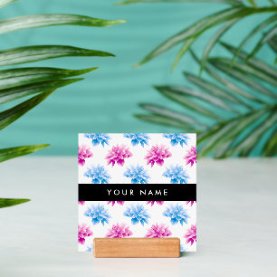 Pink and Blue Dahlia, Floral Pattern, Your Name Holder