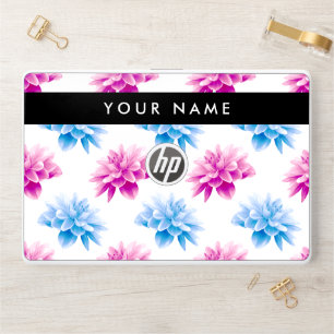 Pink and Blue Dahlia, Floral Pattern, Your Name HP Laptop Skin