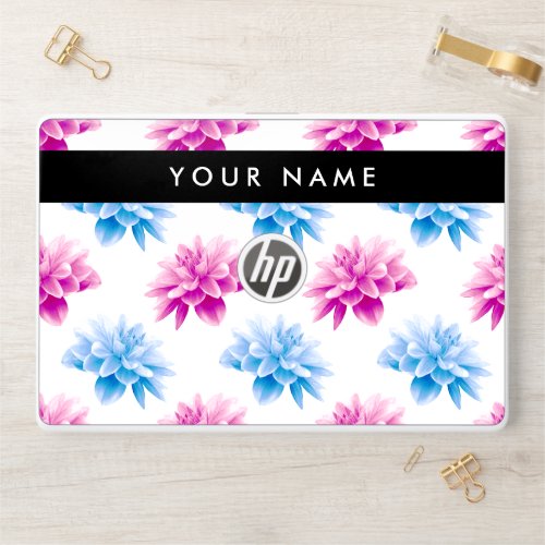 Pink and Blue Dahlia Floral Pattern Your Name HP Laptop Skin