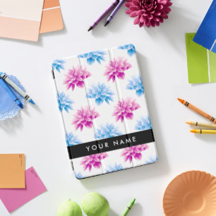 Pink and Blue Dahlia, Floral Pattern, Your Name iPad Pro Cover