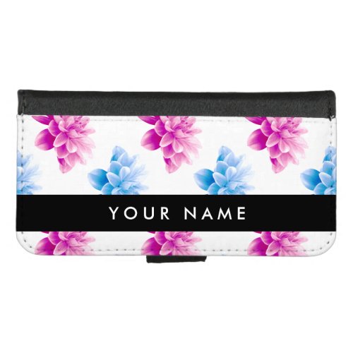 Pink and Blue Dahlia Floral Pattern Your Name iPhone 87 Wallet Case