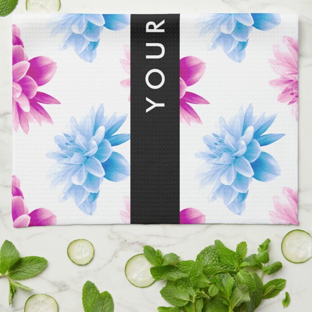 Pink and Blue Dahlia, Floral Pattern, Your Name Kitchen Towel (Folded)