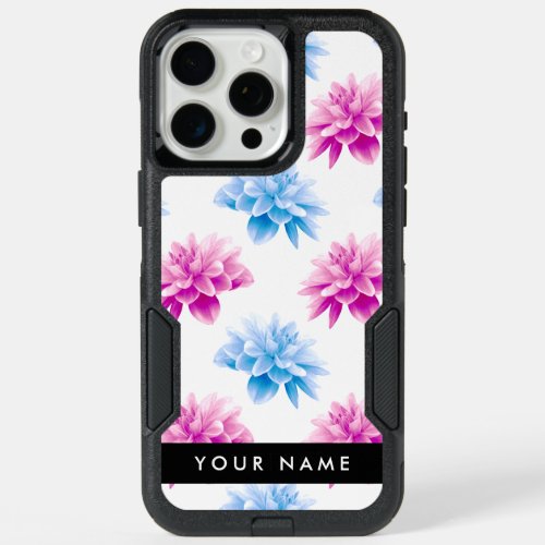 Pink and Blue Dahlia Floral Pattern Your Name iPhone 15 Pro Max Case