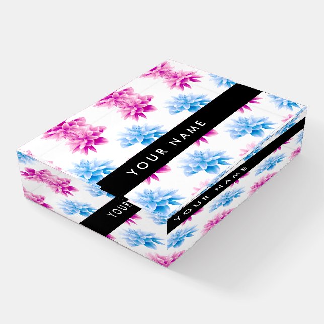 Pink and Blue Dahlia, Floral Pattern, Your Name Paperweight (Angled)