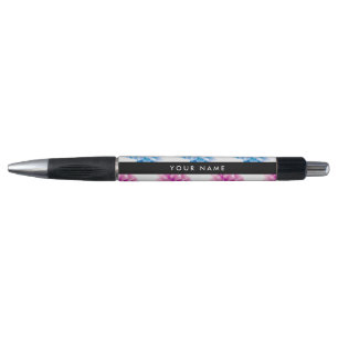 Pink and Blue Dahlia, Floral Pattern, Your Name Pen