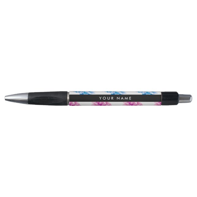 Pink and Blue Dahlia, Floral Pattern, Your Name Pen (Front)
